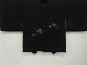 漆　扇に糸巻き模様織り出し　一つ紋絵羽織